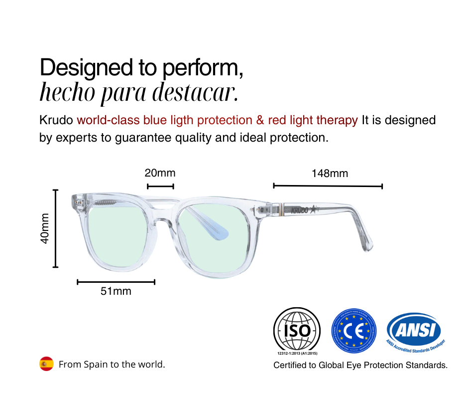 Guía de tallas y medidas de las gafas No Days Off transparentes de Krudo con certificación ISO, CE y ANSI
