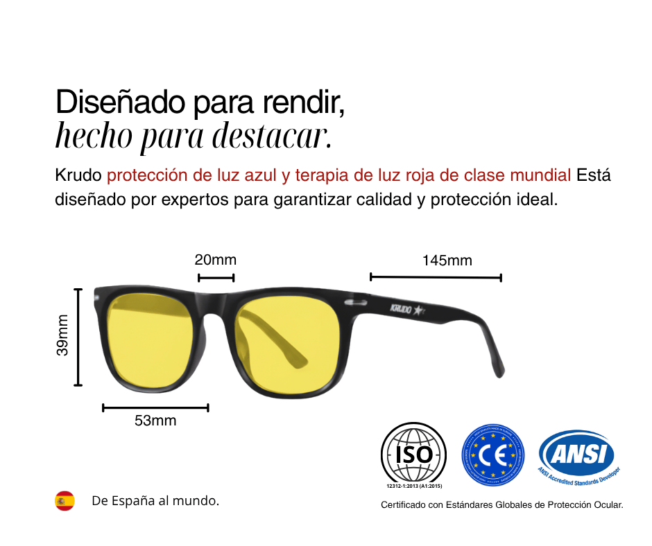 Guía de tallas y medidas de las gafas diurnas Day View de Krudo con certificación ISO, CE y ANSI