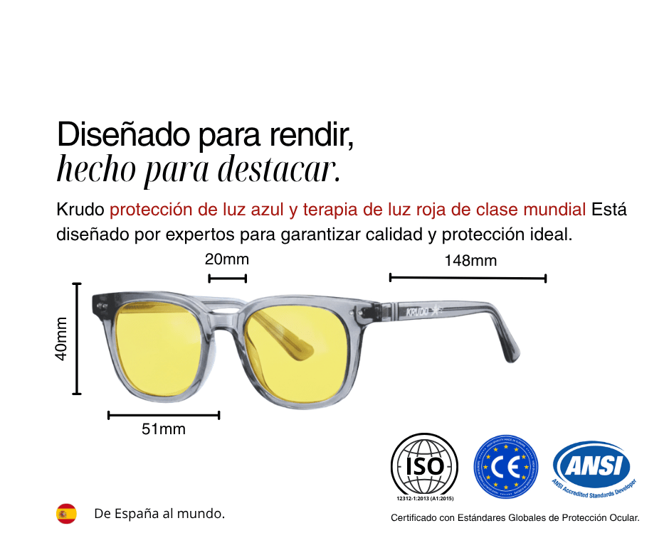 Guía de tallas y medidas de las gafas diurnas Day Mood de Krudo con certificación ISO, CE y ANSI