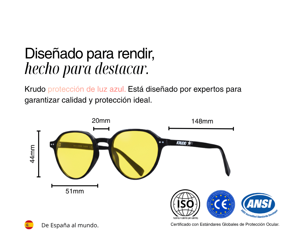 Guía de tallas y medidas de las gafas diurnas Day Core de Krudo con certificación ISO, CE y ANSI