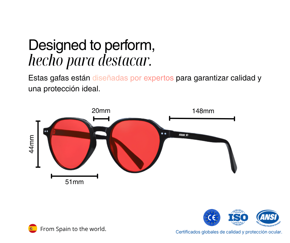 Guía de tallas y medidas de las gafas nocturnas Night Core de Krudo con certificación CE, ISO y ANSI