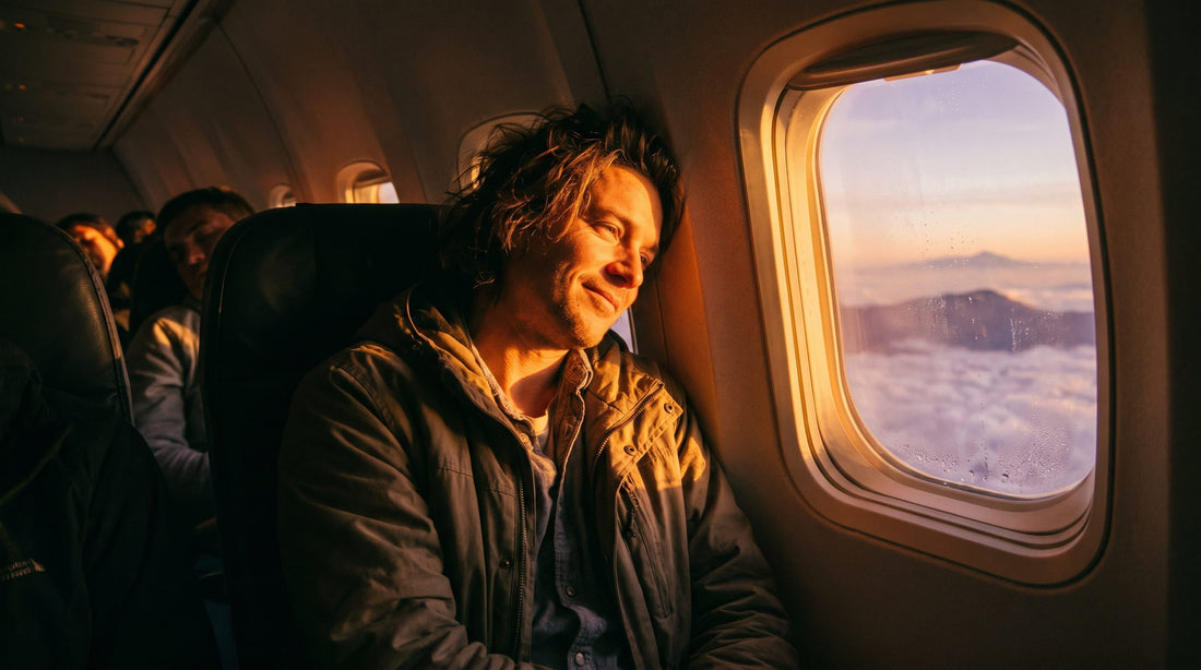 Persona mirando el amanecer por la ventanilla del avión durante un vuelo largo
