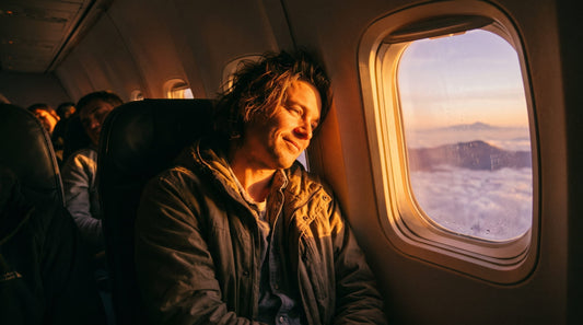 Persona mirando el amanecer por la ventanilla del avión durante un vuelo largo
