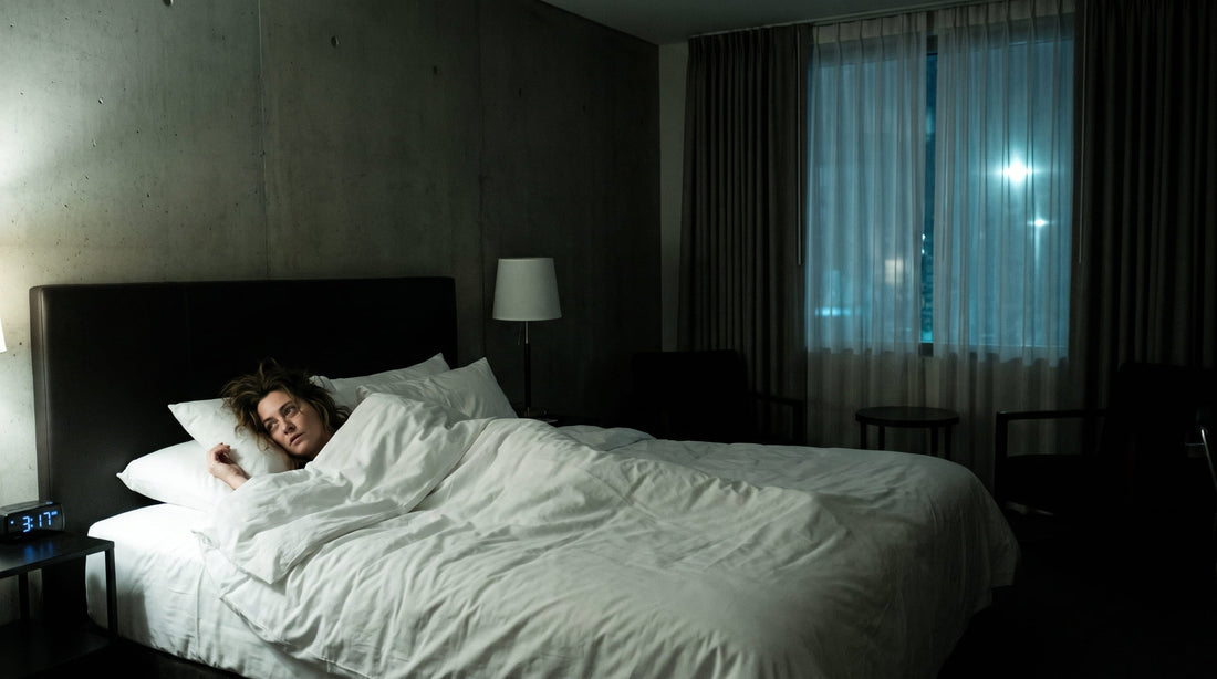 Mujer despierta de madrugada en una habitación de hotel desconocida sin poder dormir