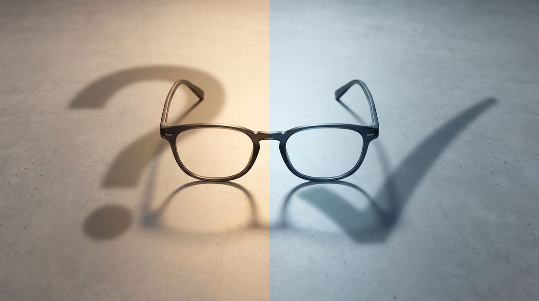 Gafas con lentes rojas y sombra de interrogante y check representando mitos y verdades sobre la luz azul