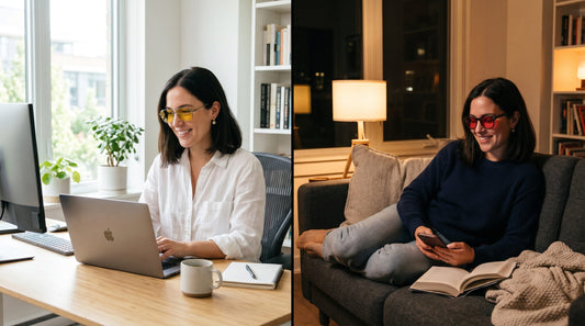 Comparativa gafas diurnas amarillas y gafas nocturnas rojas anti luz azul Krudo