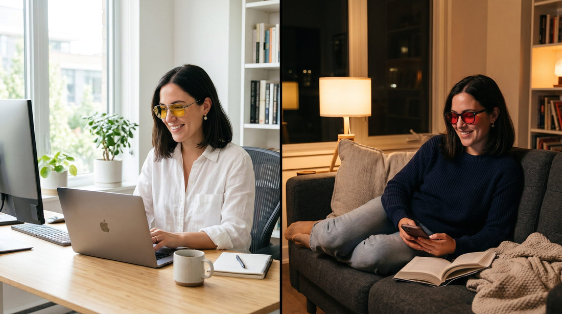 Comparativa gafas diurnas amarillas y gafas nocturnas rojas anti luz azul Krudo
