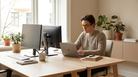 Persona con gafas de filtro azul diurnas trabajando concentrada frente al ordenador