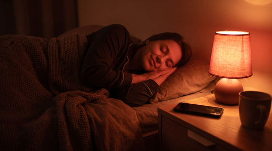 Persona dejando el móvil apagado en la mesilla para proteger su noche, con luz roja cálida de fondo