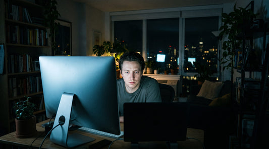 Persona frente a pantalla con luz azul por la noche sin protección ocular