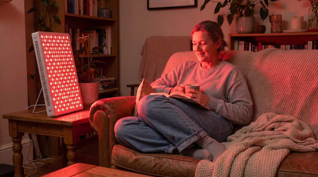 Mujer relajada usando el panel de luz roja RS3 de Krudo en casa mientras lee