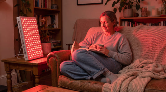 Mujer relajada usando el panel de luz roja RS3 de Krudo en casa mientras lee