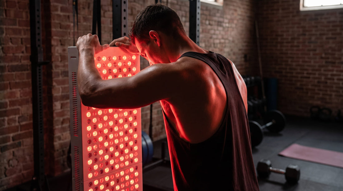 Deportista usando panel de terapia de luz roja RS3 en gimnasio para recuperación muscular post-entrenamiento