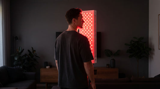 Persona usando el panel de terapia de luz roja RS3 de Krudo en casa
