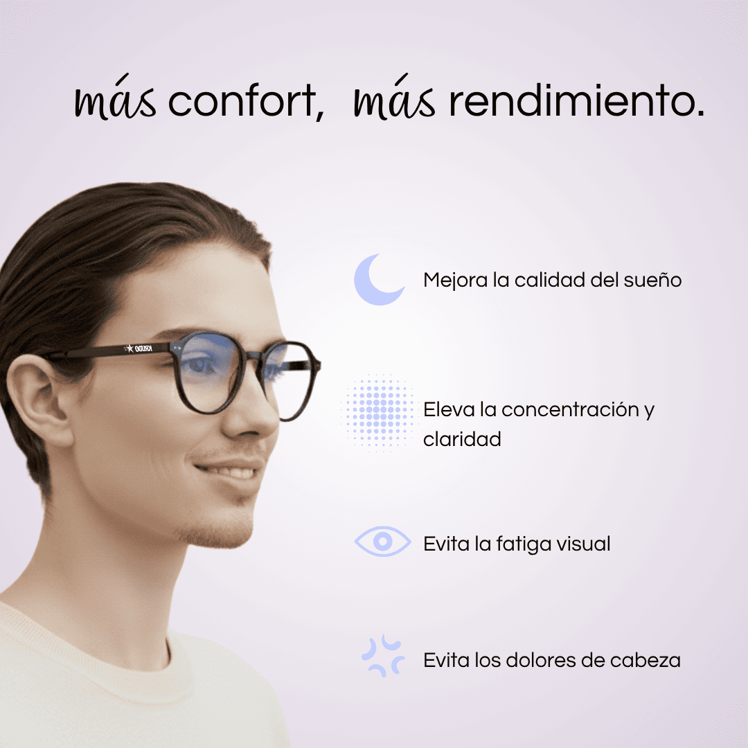 Hombre con gafas Krudo All In con filtro de luz azul, junto a texto que resalta beneficios como mejor sueño, mayor concentración, menos fatiga visual y reducción de dolores de cabeza.