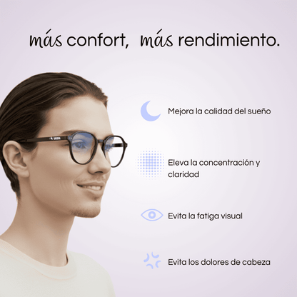 Hombre con gafas Krudo All In con filtro de luz azul, junto a texto que resalta beneficios como mejor sueño, mayor concentración, menos fatiga visual y reducción de dolores de cabeza.