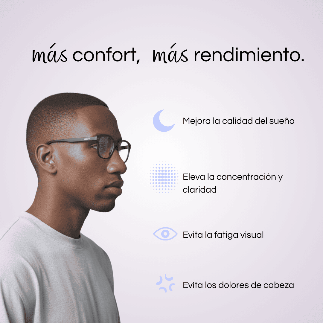 Hombre con gafas con filtro de luz azul de Krudo junto a texto que destaca los beneficios: mejora del sueño, mayor concentración, menos fatiga visual y menos dolores de cabeza.