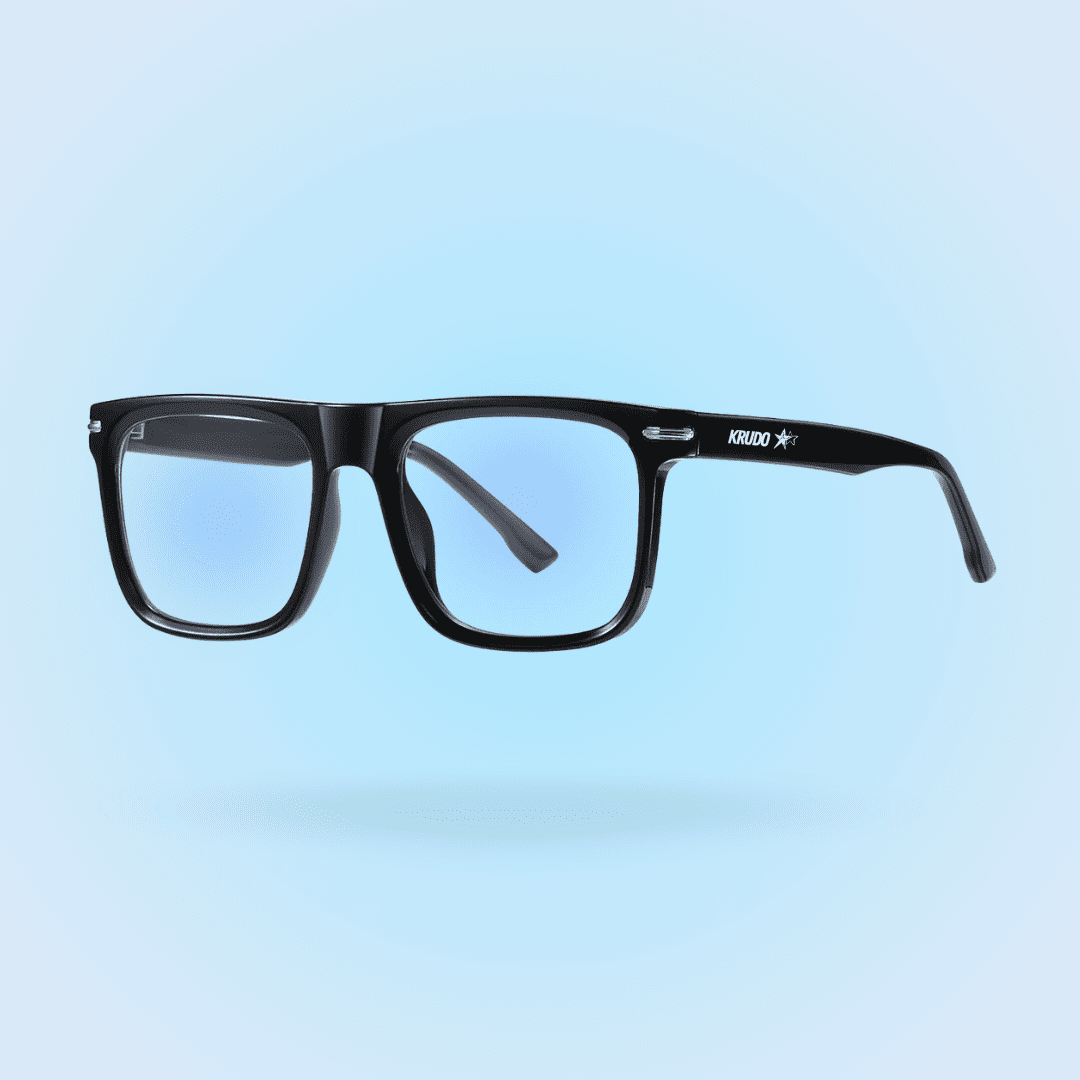 Gafas Krudo Afterwork con filtro de luz azul y montura negra, diseñadas para proteger los ojos frente a pantallas y reducir la fatiga visual durante el trabajo o estudio.