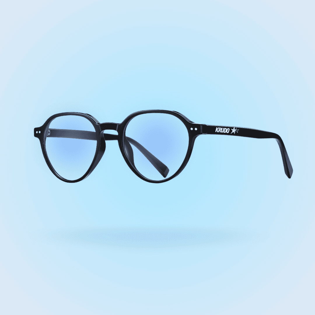 Gafas Krudo All In con filtro de luz azul y montura negra redonda, diseño elegante y protector para reducir la fatiga visual y mejorar la concentración durante el uso de pantallas.
