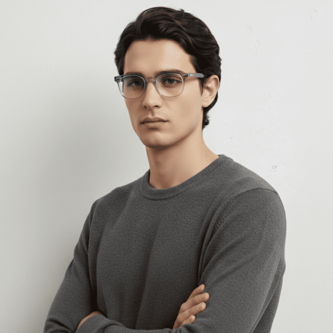 Hombre con gafas Krudo Afterwork con filtro de luz azul y montura transparente gris, diseño moderno para proteger los ojos frente a pantallas con estilo y confort.
