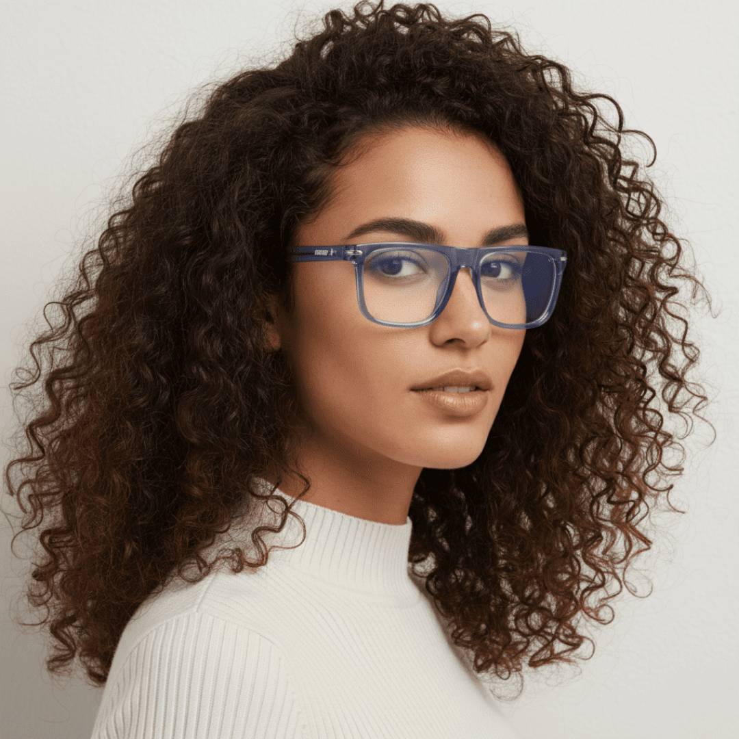 Mujer con gafas Krudo Afterwork con filtro de luz azul y montura transparente azulada, estilo moderno para proteger la vista frente a pantallas con elegancia.