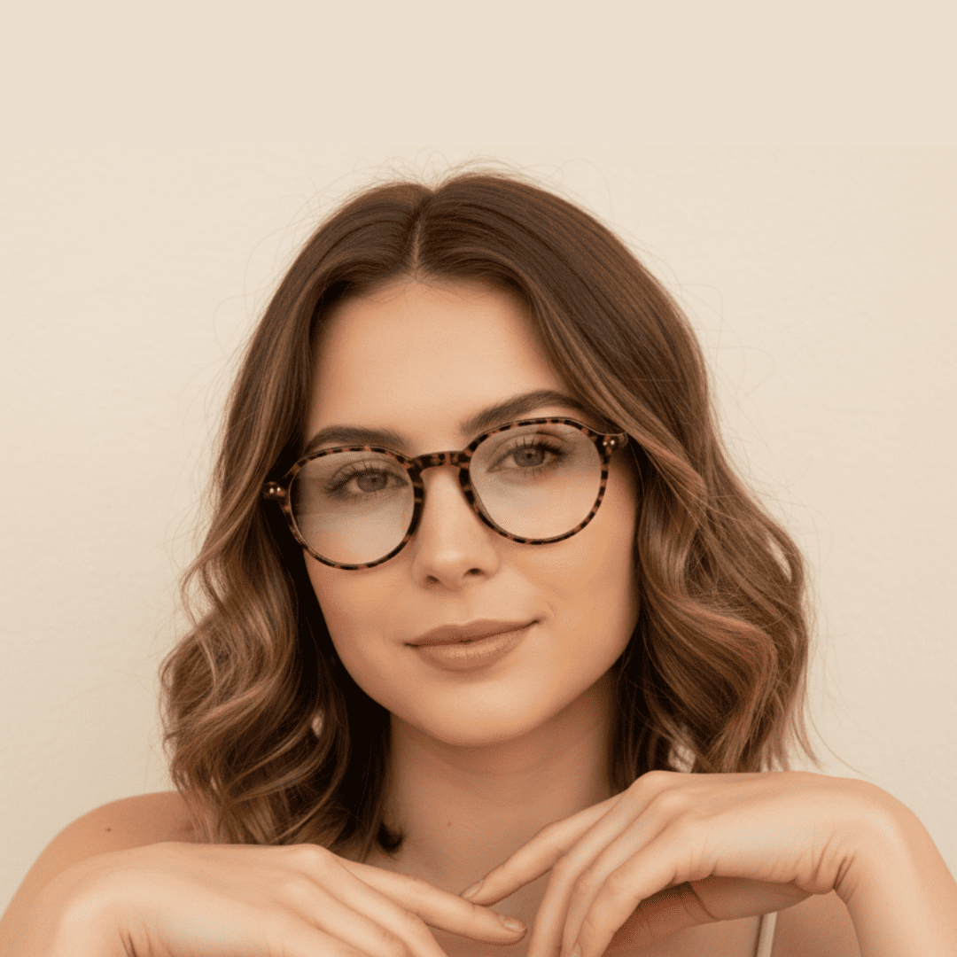 Mujer con gafas Krudo All In con filtro de luz azul y montura carey redonda, estilo sofisticado que combina protección visual y elegancia cotidiana.