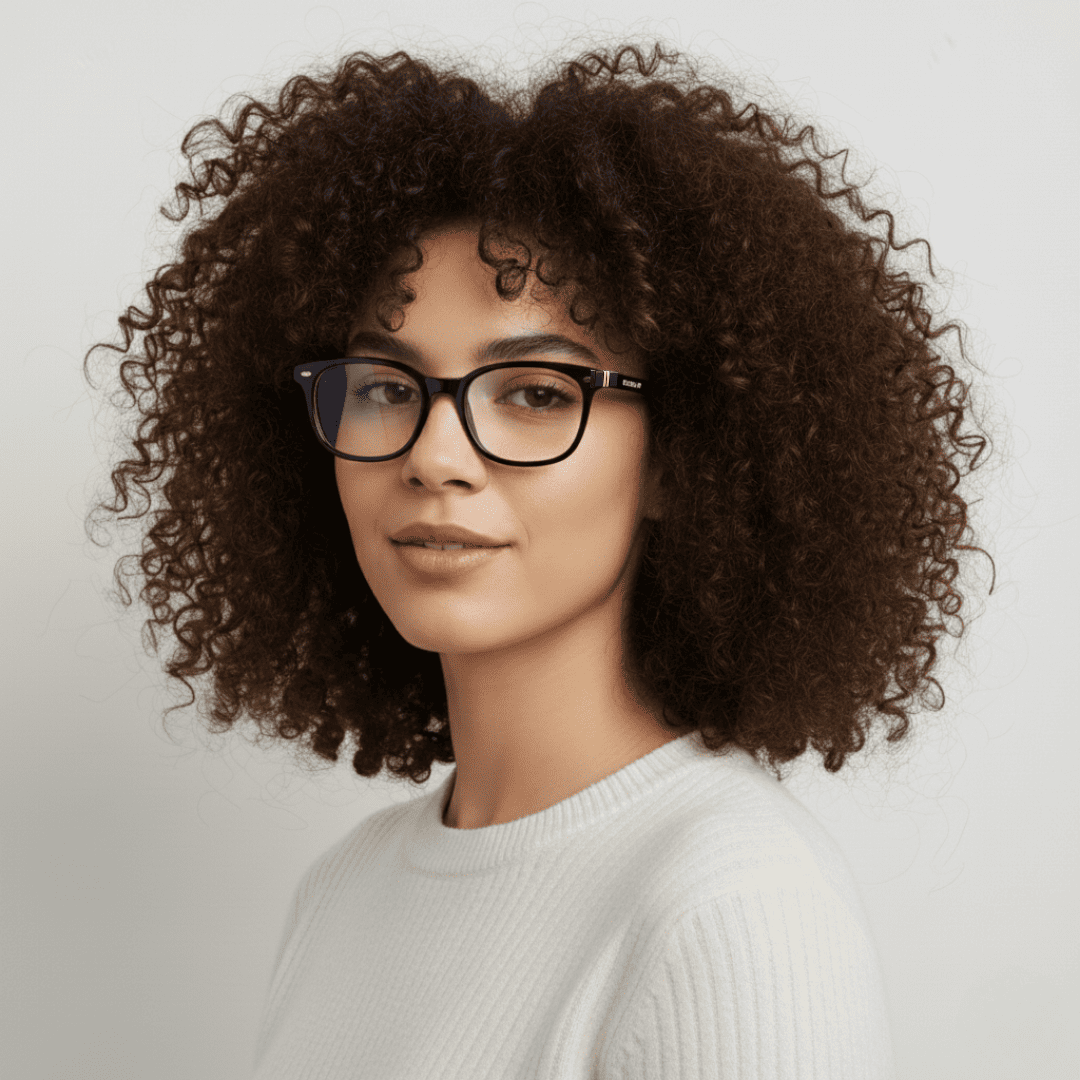 Mujer con gafas Krudo No Days Off con filtro de luz azul y montura negra, diseño elegante para proteger los ojos frente a pantallas con estilo profesional.