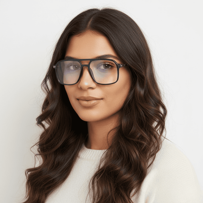 Mujer con gafas Krudo Ocean con filtro de luz azul y montura negra grande, estilo moderno y protector para reducir la fatiga visual frente a pantallas.