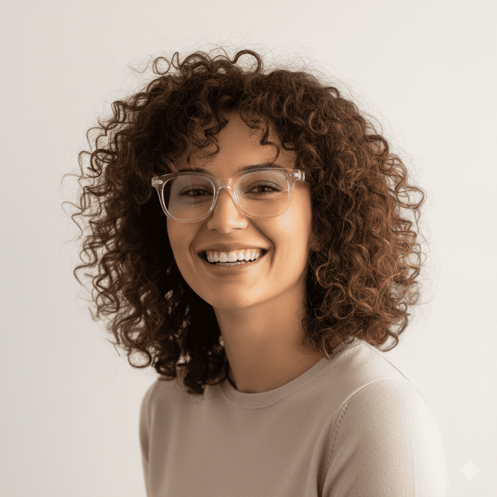 Mujer sonriendo con gafas transparentes con filtro de luz azul de Krudo, ideales para reducir la fatiga visual y proteger los ojos frente a pantallas.
