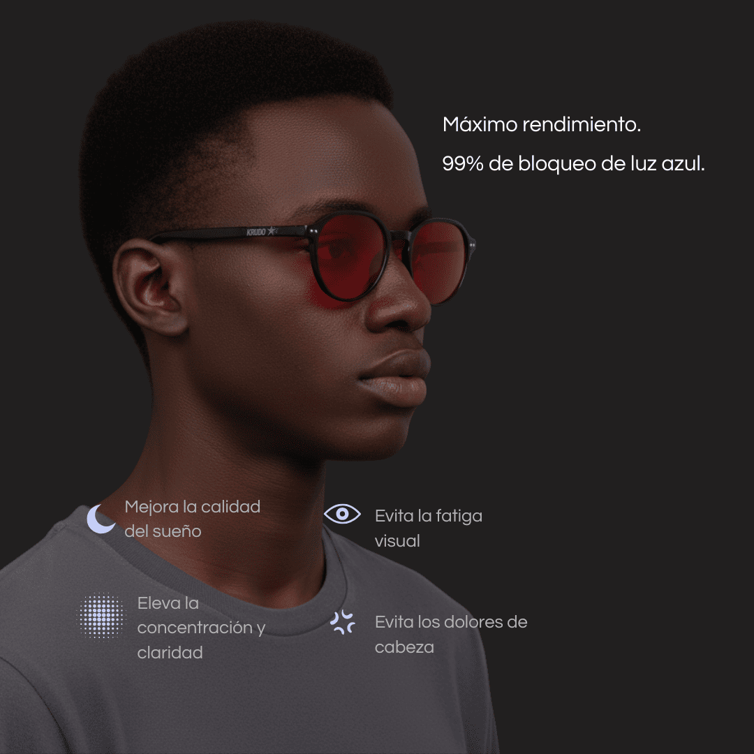 Hombre con gafas Krudo Night Core con filtro rojo bloqueador de luz azul, junto a texto que destaca sus beneficios: mejor sueño, menos fatiga visual y mayor concentración.