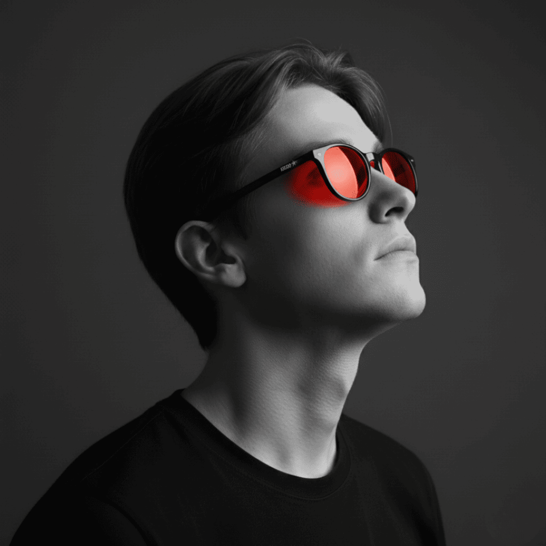 Hombre con gafas Krudo Night Core con lentes rojas bloqueadoras de luz azul, diseño moderno que reduce la exposición lumínica y mejora el descanso nocturno.