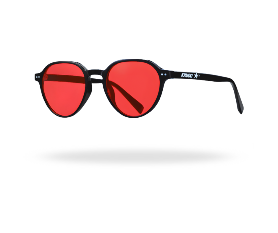 Gafas Krudo Night Core con lentes rojas bloqueadoras de luz azul, montura negra de estilo retro, ideales para reducir la exposición a la luz azul y mejorar la calidad del sueño.