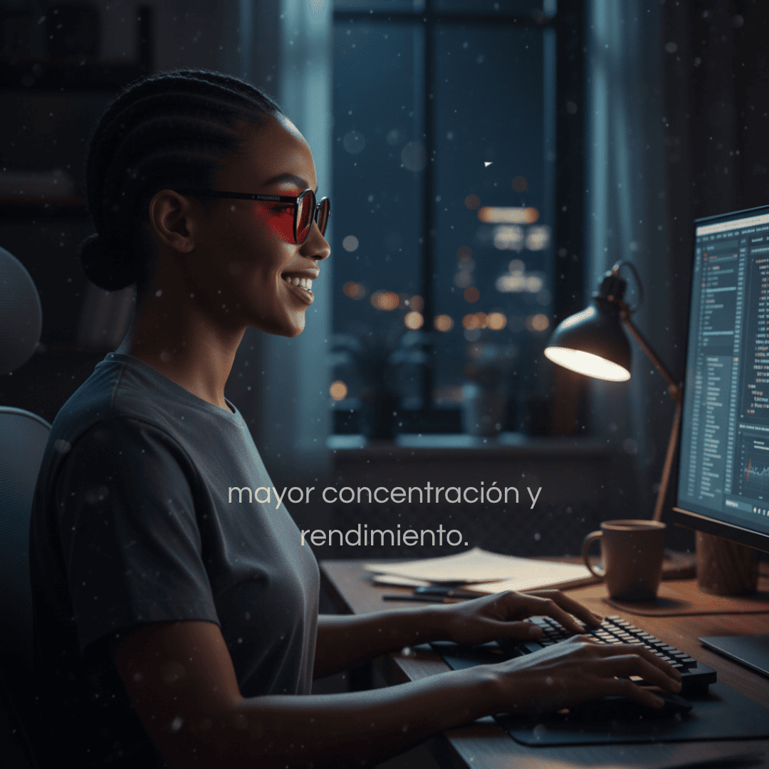 Mujer trabajando de noche frente al ordenador con gafas Krudo Night Core de filtro rojo, mejorando la concentración, el rendimiento y reduciendo la exposición a la luz azul.
