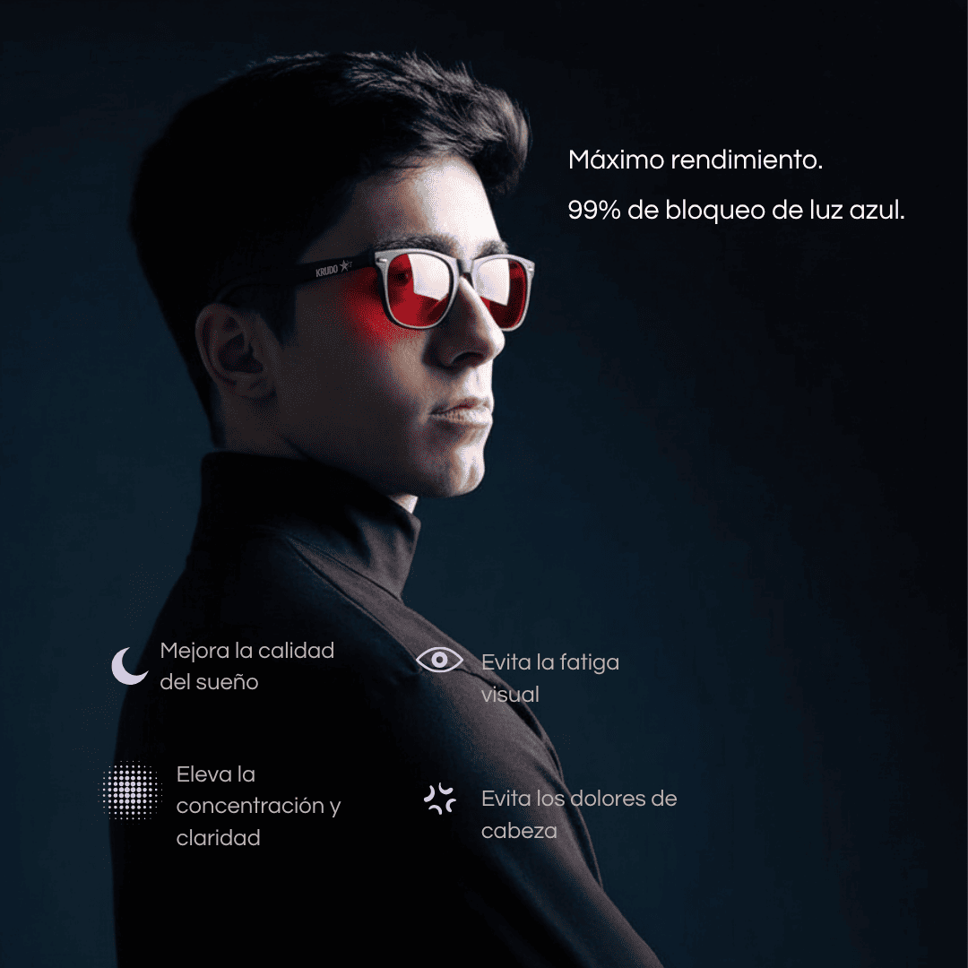 Hombre con gafas Krudo Night View con filtro rojo bloqueador de luz azul, junto a texto que destaca beneficios como mejor sueño, menor fatiga visual y mayor claridad mental.