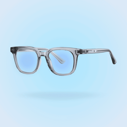 Gafas Krudo No Days Off con filtro de luz azul y montura gris transparente, diseño moderno y ligero para reducir la fatiga visual mientras trabajas o estudias frente a pantallas.