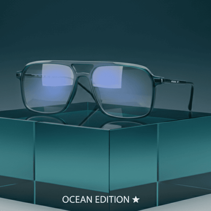 Gafas Krudo Ocean con filtro de luz azul, diseño moderno en tonos azul oscuro que combina estilo y protección visual frente a pantallas digitales.