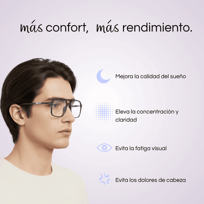 Hombre con gafas Ocean de Krudo con filtro de luz azul, junto a texto que destaca beneficios como mejor descanso, mayor concentración, menor fatiga visual y menos dolores de cabeza.